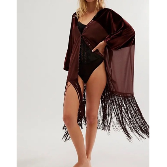 Free People Velvet Dreams Fringed Kimono in Aubergine OS - Picture 4 of 8